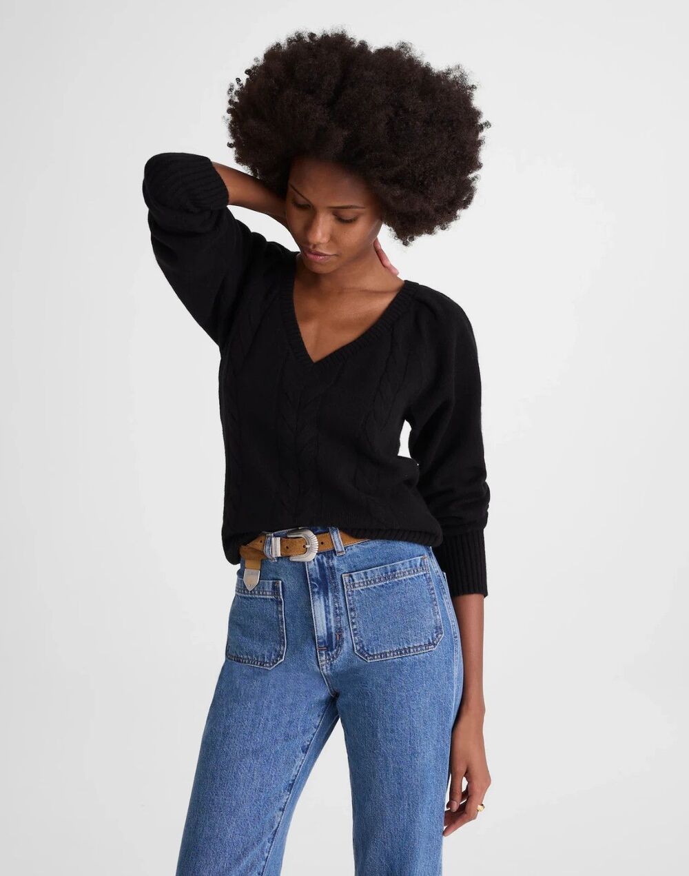 Madewell Sweater Womens Large Black Merino Wool V-Neck Cable Knit NY444 NWT